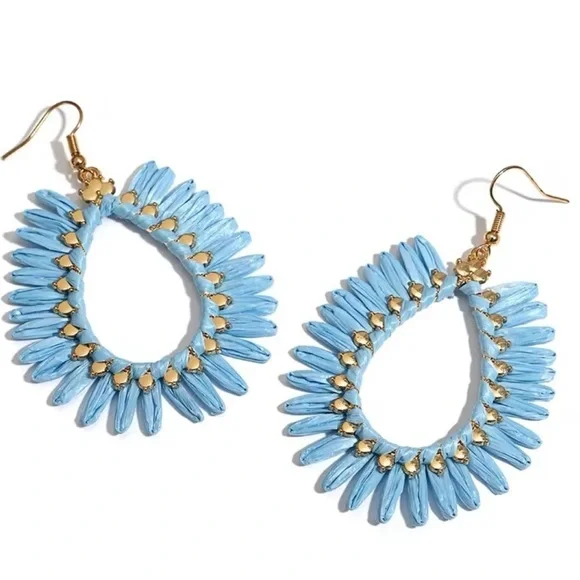 Vintage Blue Rattan Bohemian Oval Earrings - Picture 2 of 5